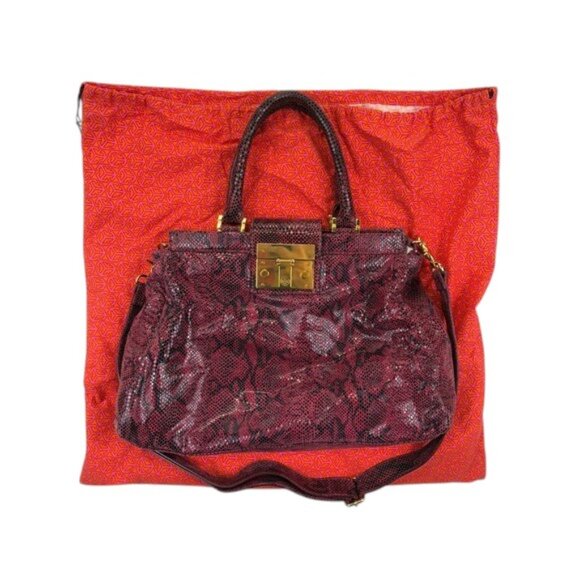 Tory Burch Women Holland Berry Snakeskin Print Leather Satchel Bag Gold Hardware - Picture 1 of 16